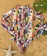 Flower Print Swimsuit Female One-Piece Bikini Long-Sleeved-Wineredleaves-4