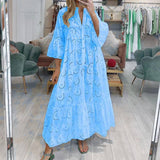 French Style V-neck Bell Sleeve Lace Hollow Out Solid Color-Blue-9