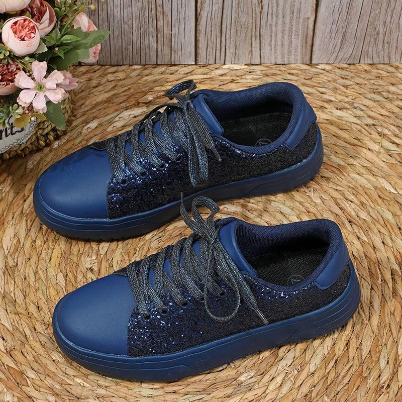 Glitter Sequin Design Flats Shoes Women Trendy Casual Thick-soled Lace-up Sneakers Fashion Skateboard Shoes-Blue-7