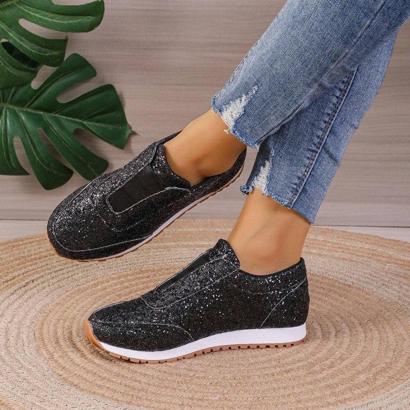 Gold Sliver Sequined Flats New Fashion Casual Round Toe Slip-on Shoes Women Outdoor Casual Walking Running Shoes-Black-6