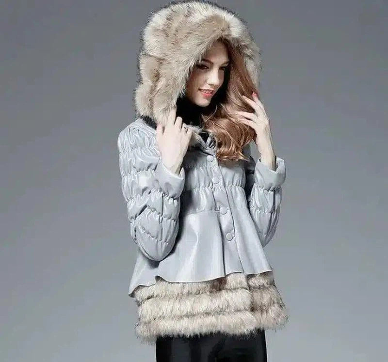 Haining fur coat female Slim PU leather hooded raccoon-Light Gray-3