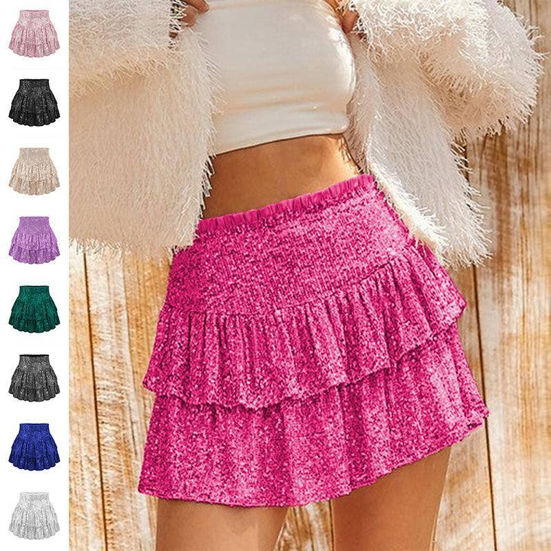 High Waist Sequined Pleated Skirt Women's Clothing Hot Girl-1