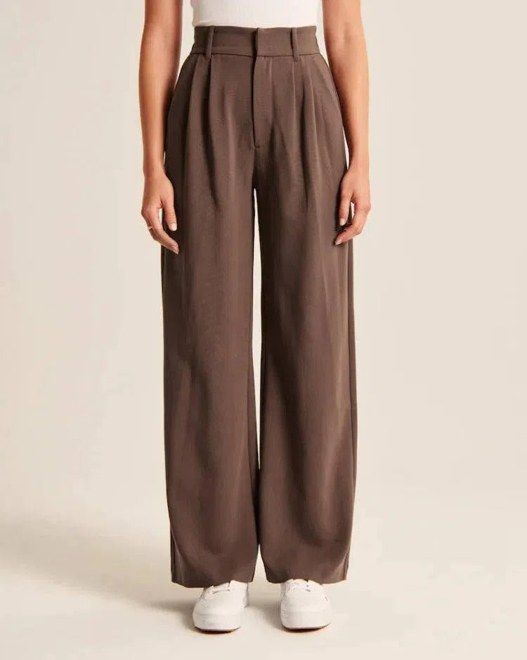 High Waist Straight Trousers With Pockets Wide Leg Casual Suit Pants For Women-Dark Brown-8