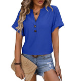 Hollow Circle Design T-shirt V-neck Button Solid Color-Color Blue-6