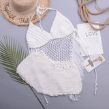 Hollow Crochet Tassel Strap Top Split Swimsuit-2