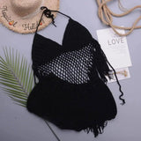 Hollow Crochet Tassel Strap Top Split Swimsuit-Black-3