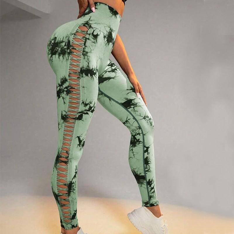 Hollow Tie Dye Printed Yoga Pants High Waist Butt Lift Seamless Sports Gym Fitness Leggings Slim Pants For Women Tight Trousers-Green-12