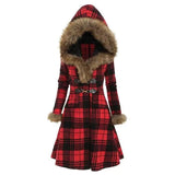 Hooded fur and woolen mid-length coat-Red-1