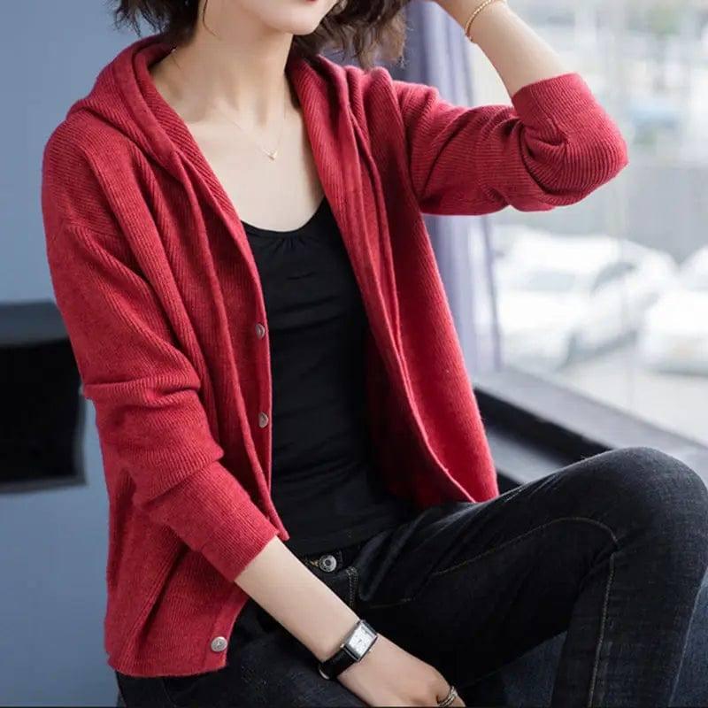 Hooded Sweater Coat Women Long Sleeve Single-breasted-Red-5