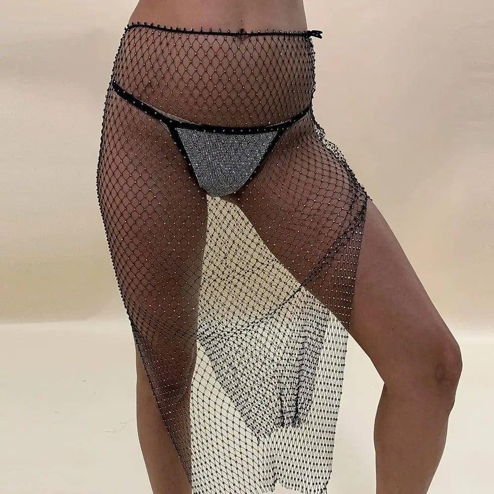 Hot Diamond Shiny Swimsuit Hand-woven Fishing Net-Black-14