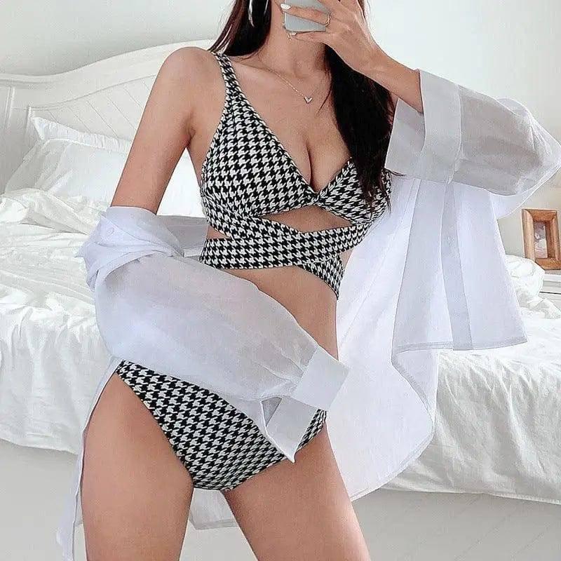 Houndstooth Cross-Tie Swimsuit Bikini-1