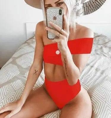 Irregular high waist bikini-Red-7