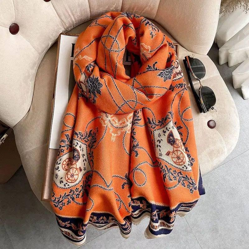 Japanese Patterned Cashmere Scarf For Women In Autumn And-Orange and black pattern-6