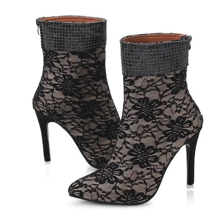 Lace mesh fine-heeled medium boots women-1