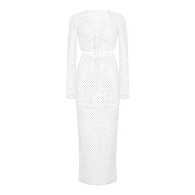 Lace Mesh Long Sleeve Narrow Casual Knitted Maxi Dress Suit-White-11