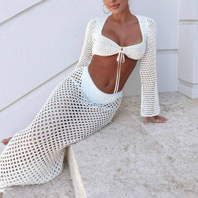 Lace Mesh Long Sleeve Narrow Casual Knitted Maxi Dress Suit-7