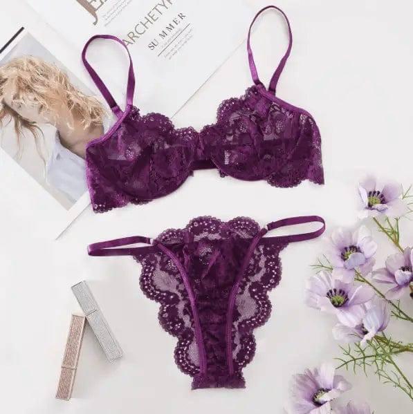 Ladies Underwire Lace Lingerie Suit Fashion-Deeppurple-14