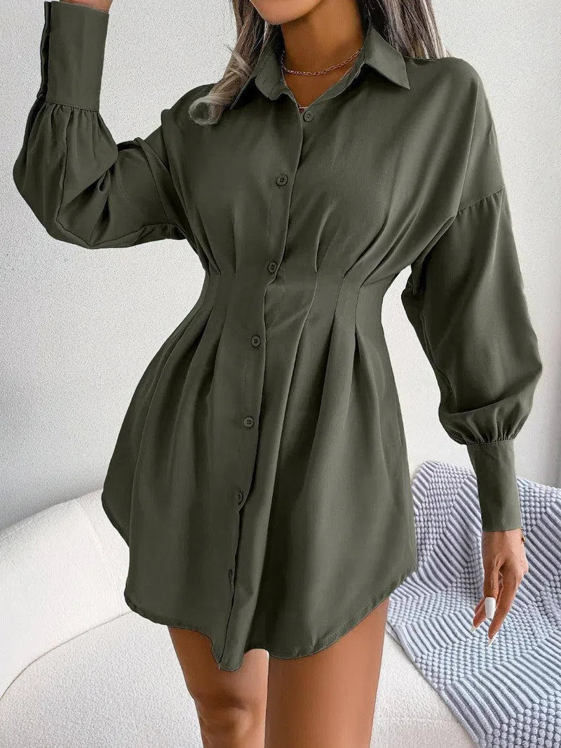 Lantern Sleeves Waist Asymmetric Dress-Army Green-2