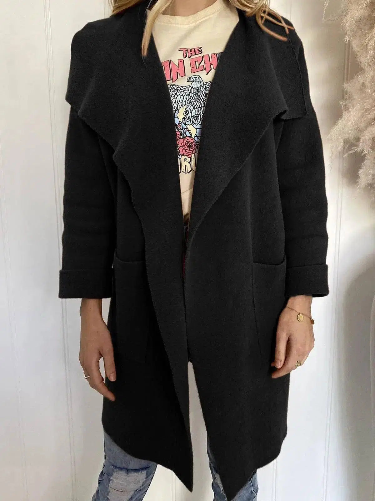 Lapel Woolen Jacket Long Sleeve Cardigan Coat-Black-3