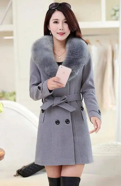 Large fur collar woolen coat-Grey-8