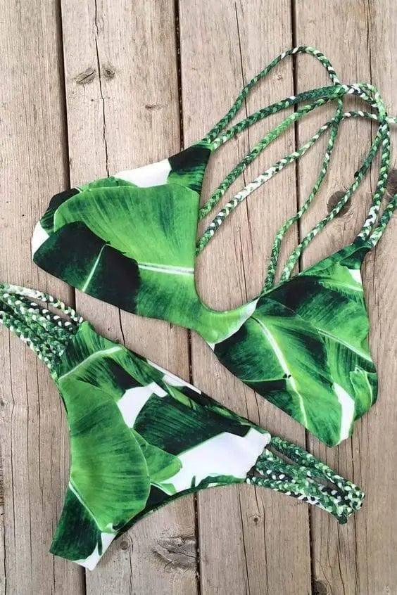 Leaf Pattern Bikini Set Swimwear Bathing Suit Braided-2-1