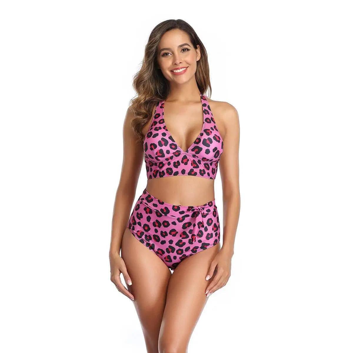 Leopard print sexy bikini split swimsuit-Pink-3