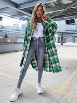 Long Plaid Single-Breasted Lapel Shirt Jacket-Green-3