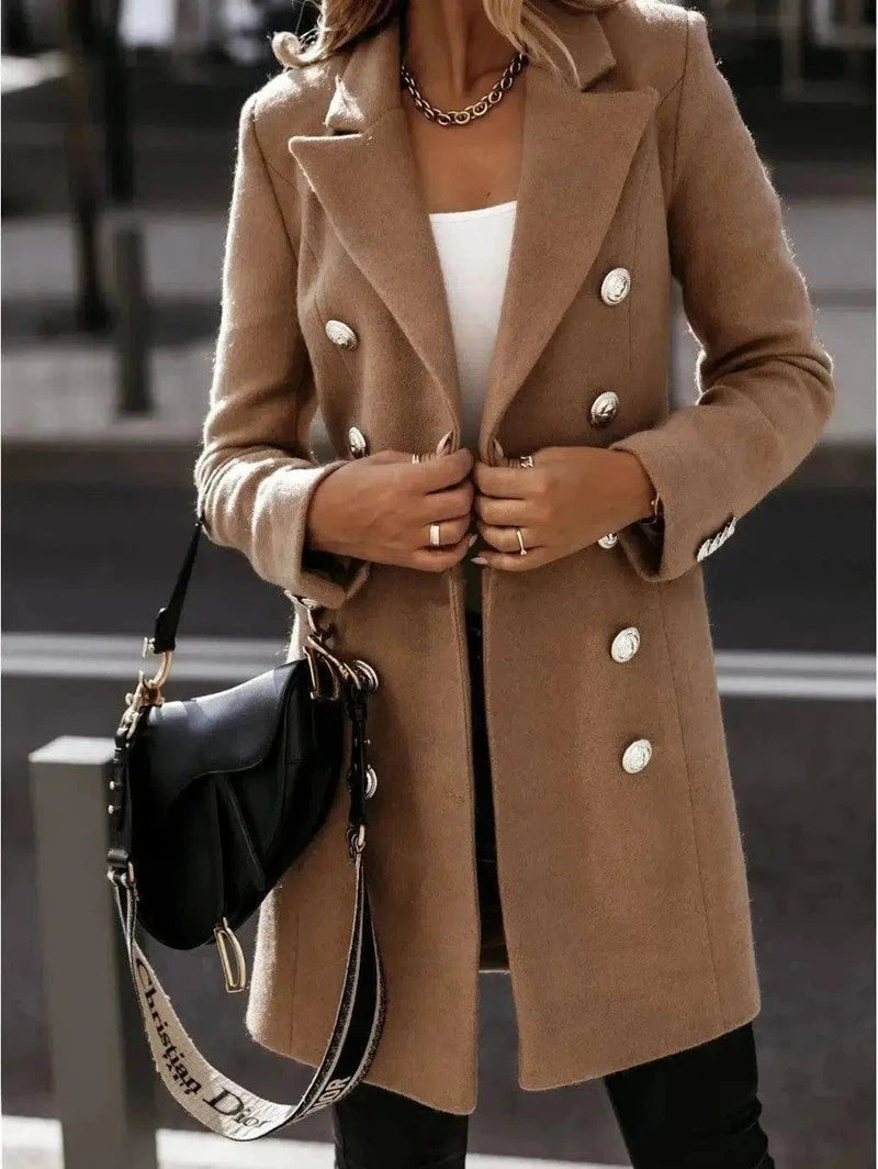 Long-sleeve Blazer-collar Double-breasted Nizi Coat-Khaki-5