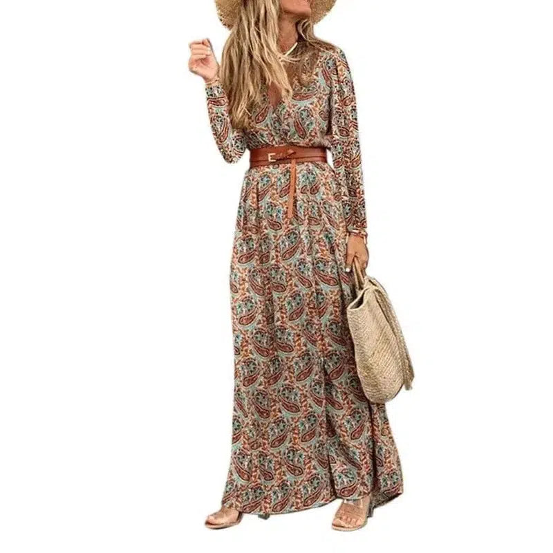 Long Sleeve V-Neck Boho Floral Dress-Brown-2