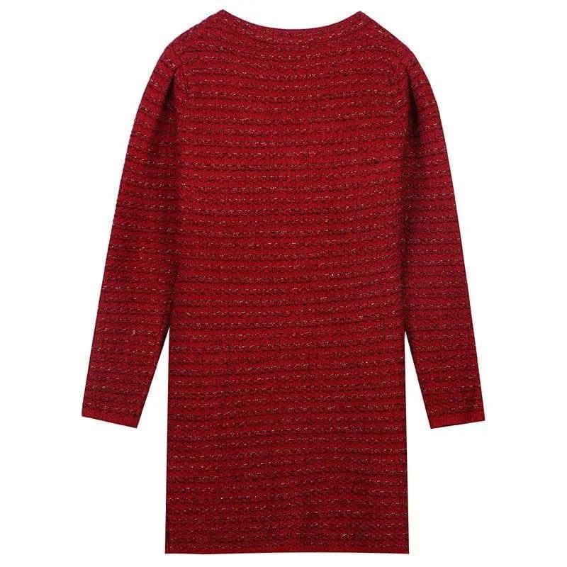 Long Sleeve V-Neck Gold Stripe Slim Mid-Length Red Knit-7