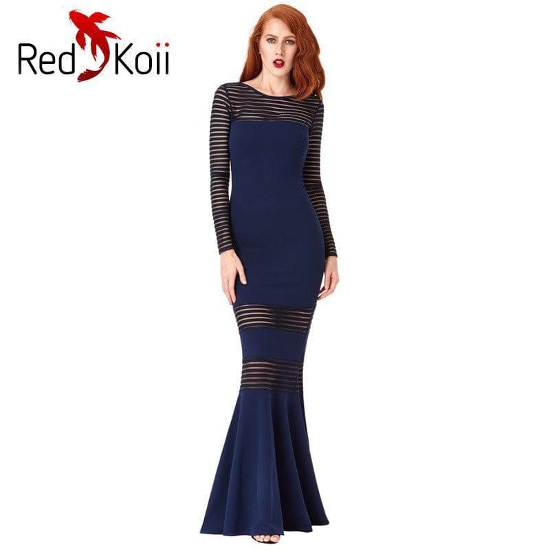 Long Slim Stripe Perspective Mermaid Dress-Blue-8