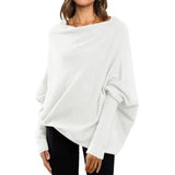 Loose Bat Sleeve Sweater Tops Simple Casual Fashion Versatile Solid Color Round Neck Sweater For Women-White-7