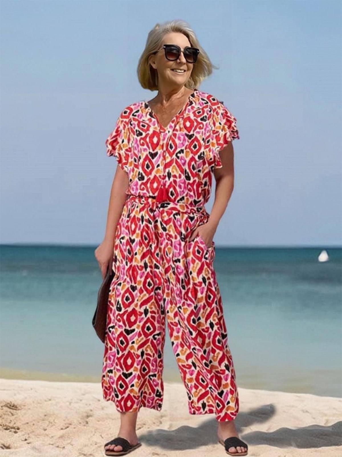 Loose Short Sleeve V-neck Printed Jumpsuit-S-2