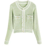 Knit Button-Up Cardigan with Pockets-Green-1