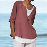 Women's V-Neck Casual Linen Blouse-Wine Red-8