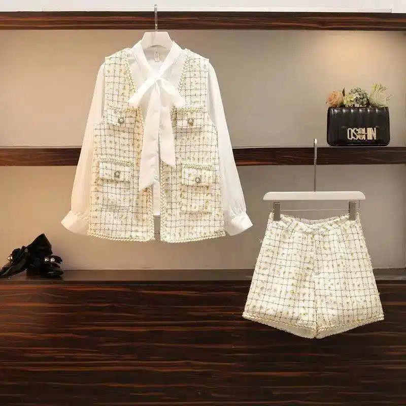 Women's Tweed Vest and Shorts Set with Bow Blouse-White twopiece suit-5