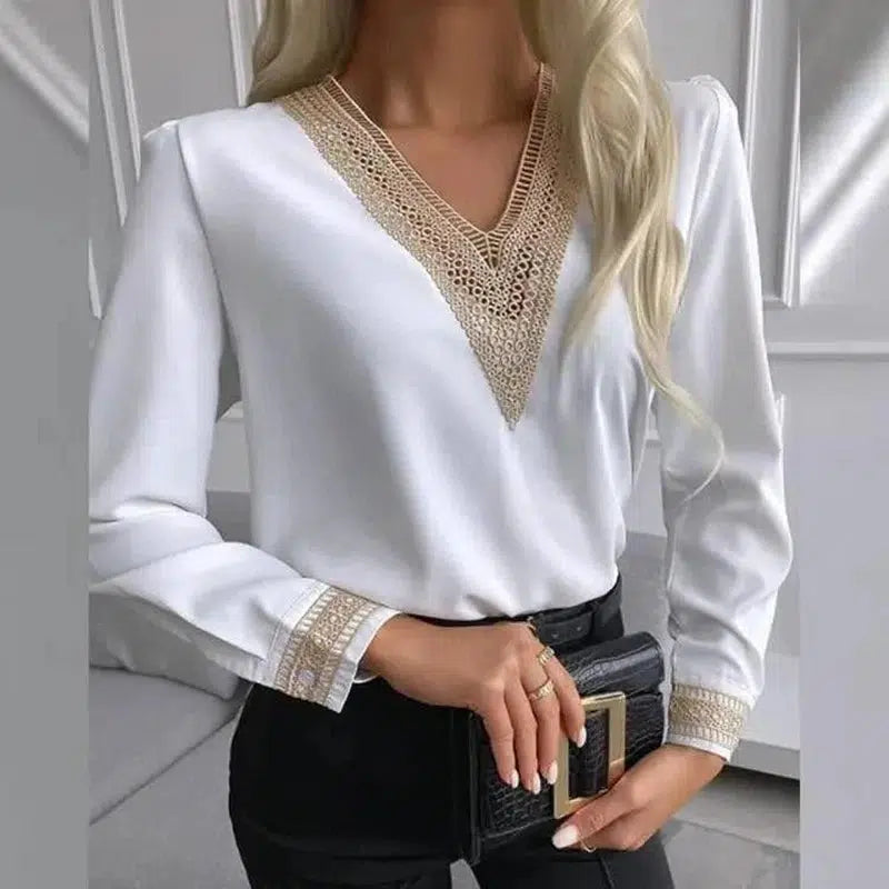 Autumn Lace Long-Sleeved V-Neck Shirt-White-4