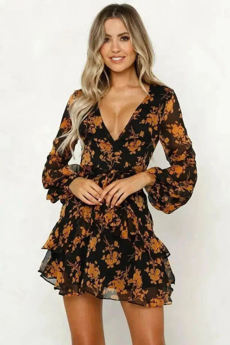 Autumn new fashion flower print long sleeve dress-1