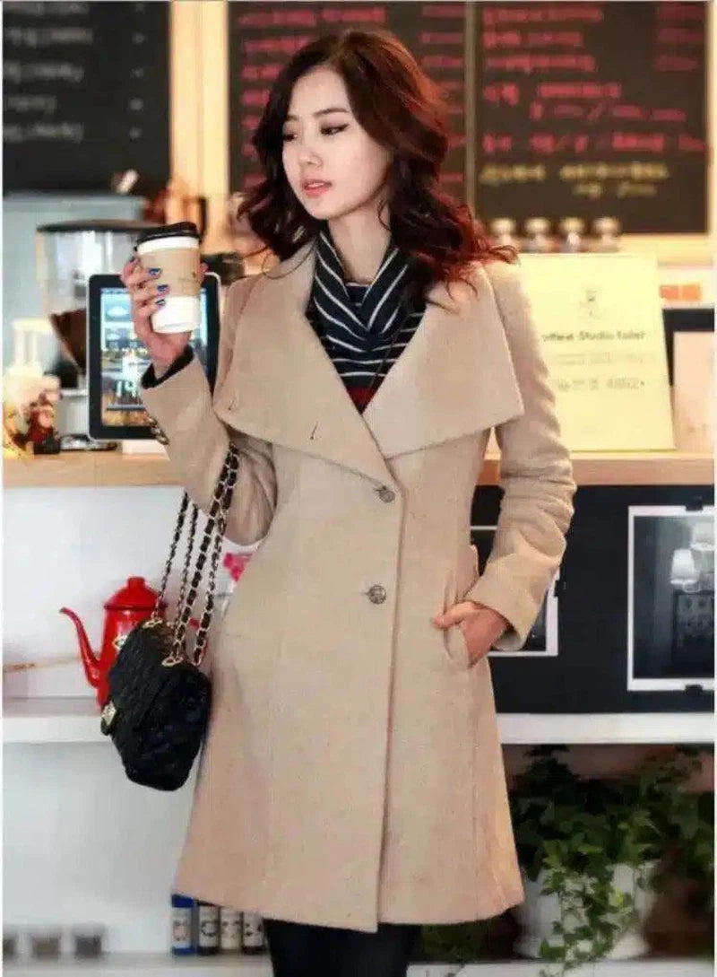 Stylish Women's Tailored Coat with Belt-Khaki-3