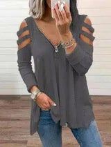 Women's Casual Cut-Out Sleeve Top with Zipper-Grey-1