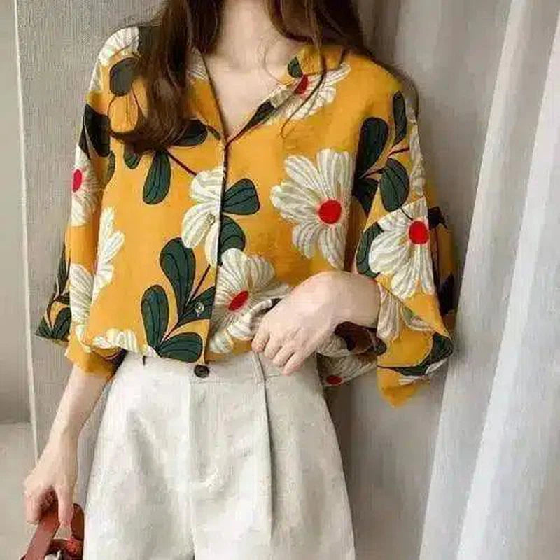 Floral V-Neck Women's Casual Blouse-Yellow-1