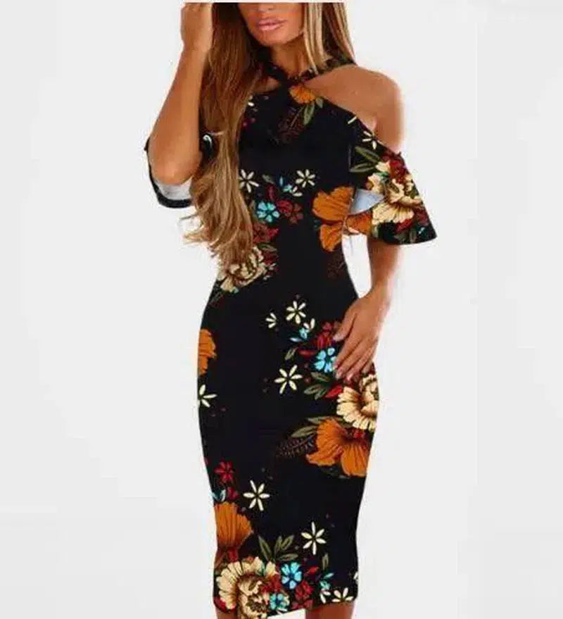 Bodycon Dress Halter Off Shoulder Robe Elegant Summer-Black-14