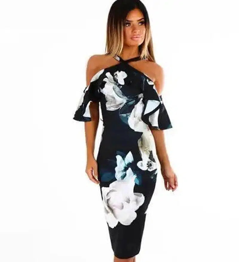 Bodycon Dress Halter Off Shoulder Robe Elegant Summer-8