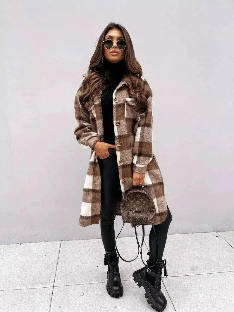 Button lapel casual warm plaid long woolen coat-Coffee-4