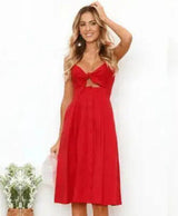 Buttoned Bow Back Strap Dress-Red-13