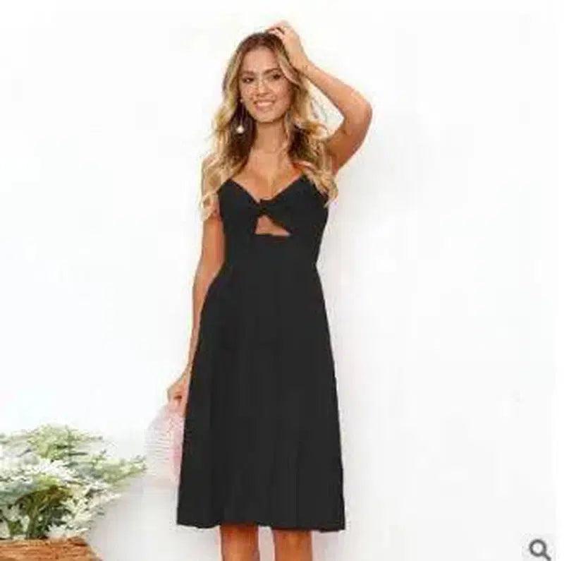 Buttoned Bow Back Strap Dress-Black-17