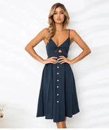 Buttoned Bow Back Strap Dress-Navy-40