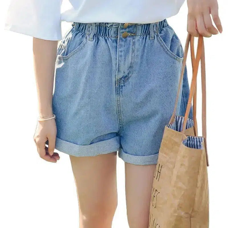 Calyx elastic waist denim shorts female summer high waist-5