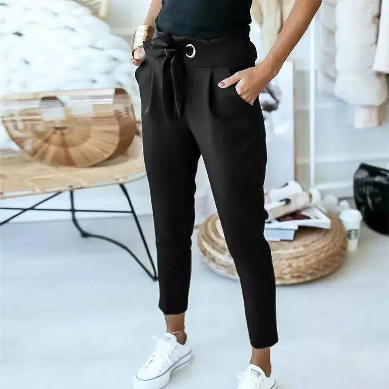 Casual, High-Waisted, Strappy Nine-Point Trousers-Black-2