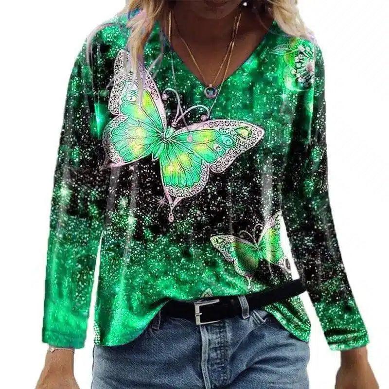 Women's Butterfly Print V-Neck Long Sleeve Top-Green-3